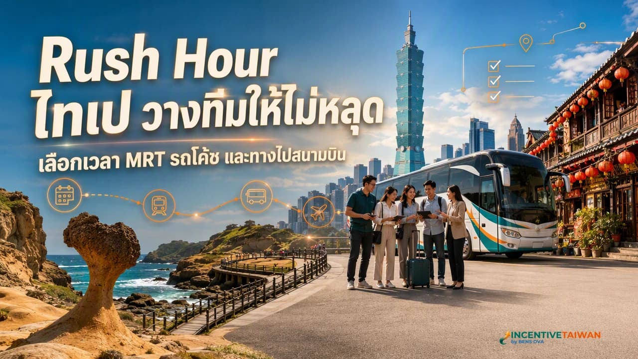 ภาพปกทีมองค์กรไทยวางแผนเวลาเดินทางหน้าสถานี MRT ในไทเป โดยมีรถโค้ชและเมืองไทเปเป็นบริบท