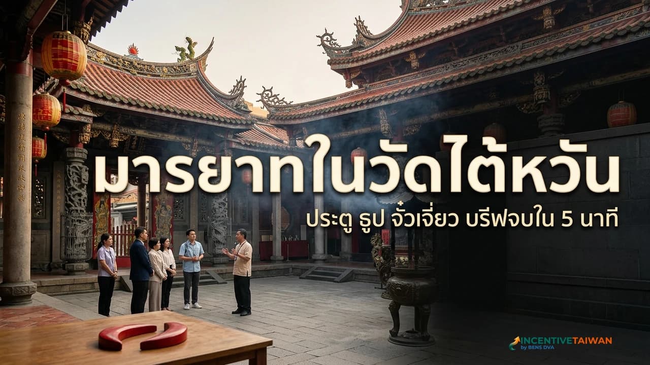 ภาพปกไกด์บรีฟทีมองค์กรไทยเรื่องประตู ธูป และจั๋วเจี่ยวก่อนเข้าวัดไต้หวัน